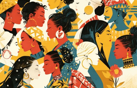 A collage of women's faces in various ethnic styles, with abstract shapes and patterns forming the background, symbolizing diversity. 