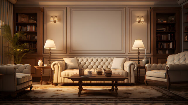 Luxury living room in classic style. 3D render ,interior of the living room. 3D illustration with soft furniture
