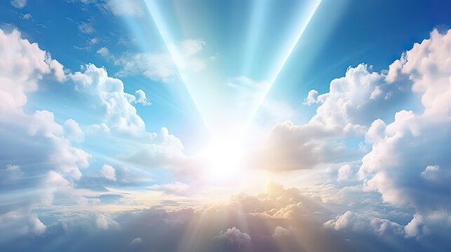 The resurrected Jesus Christ ascending to heaven above the bright light sky and clouds and God, Heaven and Second Coming concept. Generative ai illustration.