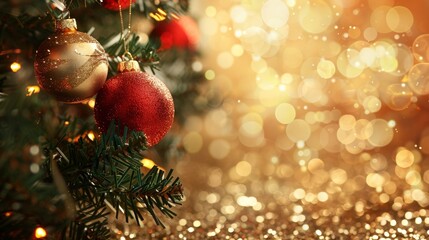 Obraz na płótnie Canvas A festive arrangement of Christmas tree ornaments against a blurry gold backdrop.