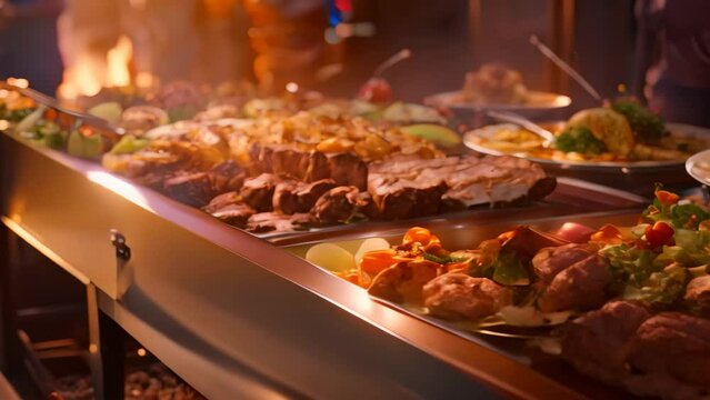 Catering buffet with food and drinks in hotel or restaurant, Catering buffet food indoor in restaurant with grilled meat, AI Generated