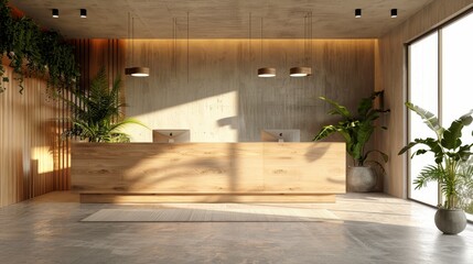 3D Rendering concrete office interior with reception desk and sunlight.