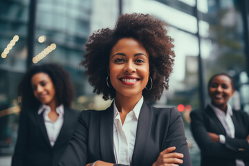 Smiling black businesswomen in suit. Women in work clothes. Rich women. Business boss. Boss of a start-up. Afro american women. American women. African women. Africa country. AI.

 - obrazy, fototapety, plakaty