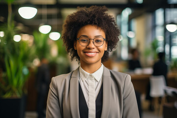 Fototapeta premium Smiling black businesswomen in suit. Women in work clothes. Rich women. Business boss. Boss of a start-up. Afro american women. American women. African women. Africa country. AI.