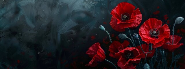 Anzac Day, poppy flowers on dark background. Remembrance day symbol.