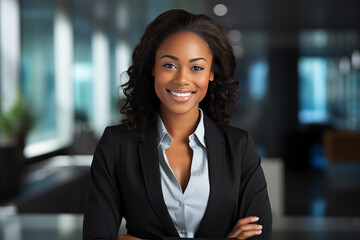 Smiling black businesswomen in suit. Women in work clothes. Rich women. Business boss. Boss of a start-up. Afro american women. American women. African women. Africa country. AI.

