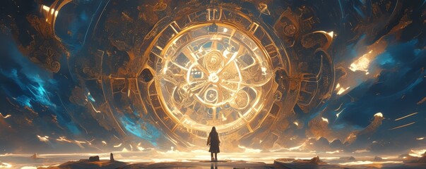 A glowing ancient cosmic clock with the zodiac signs on its face stands in an otherworldly landscape, surrounded by ethereal figures and celestial bodies, creating a sense of wonder and mystery. 