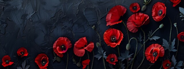 Anzac Day, poppy flowers on dark background. Remembrance day symbol. - obrazy, fototapety, plakaty