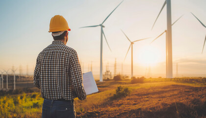 A man wearing a yellow helmet and a hard hat stands in front of a wind turbine field farm. He is holding a clipboard and he is inspecting the wind turbines. Concept of responsibility and diligence - obrazy, fototapety, plakaty