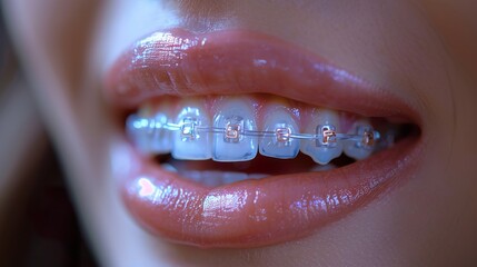 Young woman smile with dental braces. Brackets on the teeth after whitening - obrazy, fototapety, plakaty