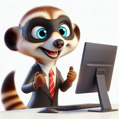 3d happy hacker front of his computer, 3d meerkat cartoon with black mask