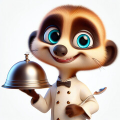 3d meerkat character in service client costume in restaurant of hotel- waiter with tray and cloche in restaurant	