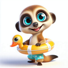 3d small cute meerkat character with inflatable buoy