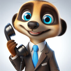 3d business with phone- meerkat cartoon character