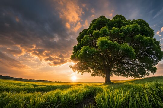 A single tree standing tall in a vast, open field at sunrise Desktop Wallpaper