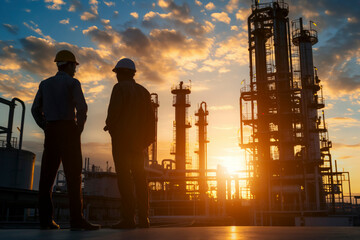 Industrial sunset, two engineer men standing on a platform overlooking a large industrial plant. The sky is orange and the sun is setting
