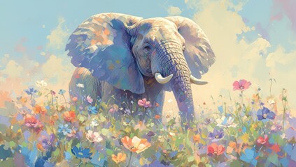 A beautiful painting of an elephant in the middle surrounded by colorful flowers. 