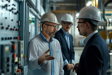 Factory executives meeting, Three men in hard hats are talking to each other in a factory. They are wearing suits and are discussing something important - obrazy, fototapety, plakaty