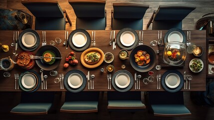 A table with a variety of foods and utensils, including plates, forks, knives, and spoons