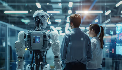 Futuristic, humanoid robot, A robot is standing in front of two people, one of whom is wearing a tie. The robot is surrounded by a futuristic environment, with a computer screen background, curiosity