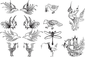 Hand-drawn pencil graphics, Thai style birds set. Engraving, stencil style. sign, emblem, symbol. Simple illustration. Sketch. Thai legendary bird, Thai sacred bird. For auspiciousness in life. Vector