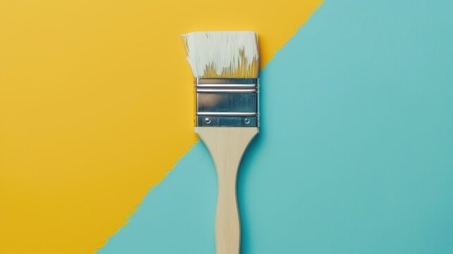 Paintbrush isolated on a yellow and blue background.