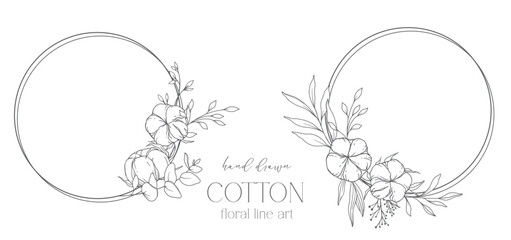 Hand Drawn Cotton Flowers Line Art Illustration. Cotton Balls isolated on white. Hand drawn floral frame Cotton Plant Black and white illustration. Fine Line Cotton illustration. 