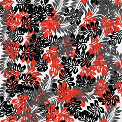 vintage seamless floral leaves pattern. Herbs and wild leaves. Botanical Illustration engraving style. Colorful red, gray and black leaf on white background