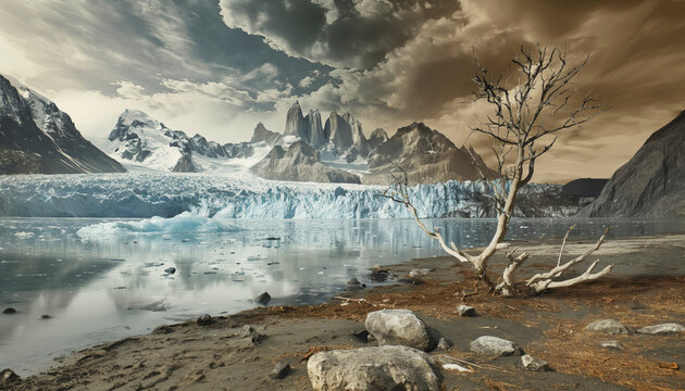 Climate Change, global warming, Heat: A desolate Glacier landscape with a large body of water and a tree in the foreground. The sky is cloudy and the mood of the image is somber and lonely