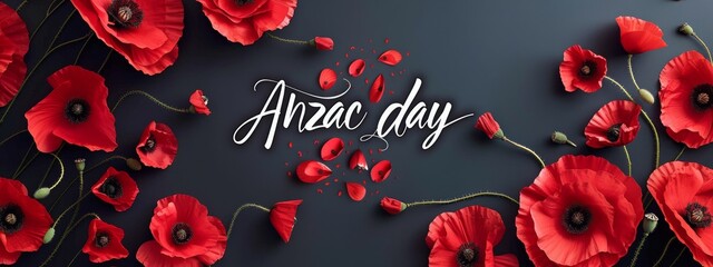 Anzac Day - lettering calligraphy text, poppy flowers on dark background. Remembrance day symbol. - obrazy, fototapety, plakaty