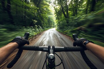 Riding fast on bicycle, POV, Original point of view, Cycling on rural and forest roads.