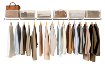 Ethereal Elegance: Clothes and Purse Dangling on Rack. On White or PNG Transparent Background..