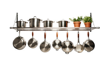 Symphony of Cookware: Pots and Pans Hanging on a Rack. On White or PNG Transparent Background..