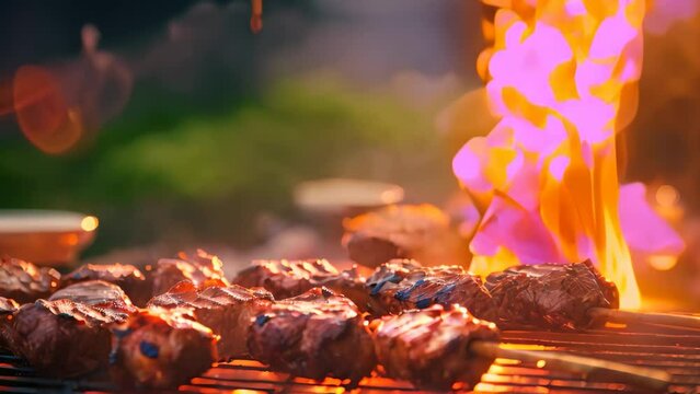 This image shows a close up of a grill with meat cooking on the hot grates, Day celebration with meat on the barbecue and blurry background, AI Generated