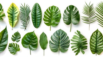 Exotic leaves, tropical plant collection isolated on white background for botanical photography, urban jungle vibes.