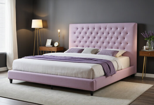 lavender upholstered platform bed isolated on a transparent background colorful background