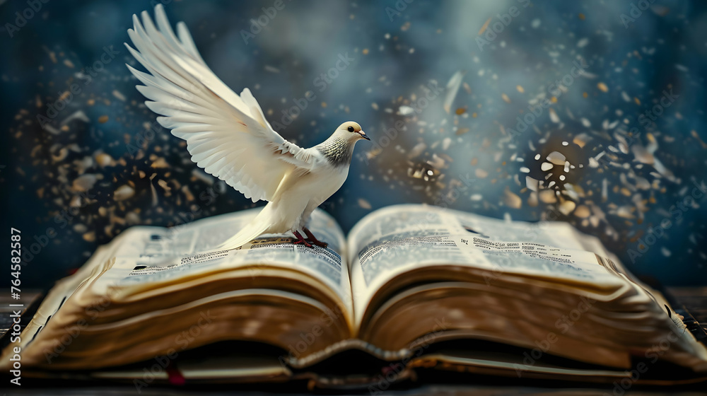 Wall mural the holy spirit in the form of a dove and the holy bible, biblical and spiritual religious illustrat - Wall murals