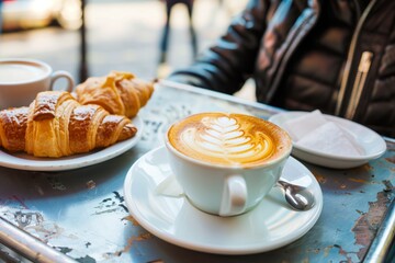 traveler at a parisian cafe with coffee and croissant - obrazy, fototapety, plakaty