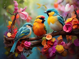 Birds on a branch discover the colorful avain harmony of nature
