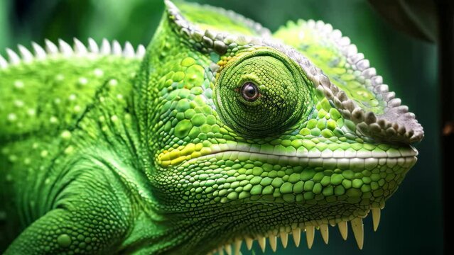 A vivid, close-up image of a green chameleon perched on a branch, showcasing its unique coloration and exquisite details, Detailed Green chameleon closeup, AI Generated