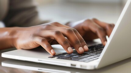 Business man using laptop computer at home. Male hand typing on laptop keyboard in office. Businessman, student, work from home, distance education, online learning, studying concept, generative ai