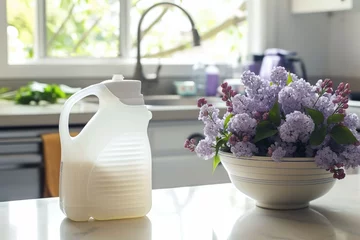 Fototapeten fresh detergent bottle sitting on kitchen counter by a bowl of lilacs © primopiano