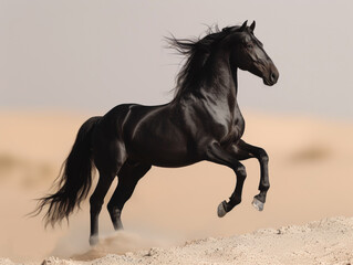 Black horse galloping on sand in the desert