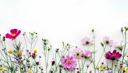 fresh spring meadow and flowers mockup, isolated on white background, half horizontal copyspace area