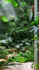 Fototapeta na wymiar An indoor oasis featuring tropical greenery, white backdrop, nature decor, tranquil vibe, biophilic design.