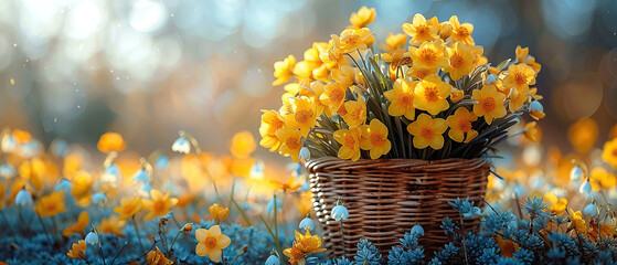 Basket of yellow flowers snowdrops on a blue sky spring background, with empty copy space