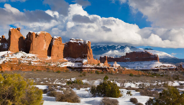 Usa, Utah, Red Rock Formations of the Windows Section with Clouds and Snow on the La Sal Mountains, Arches National Park