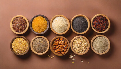 Various Superfoods in Small Bowl on Colored Background