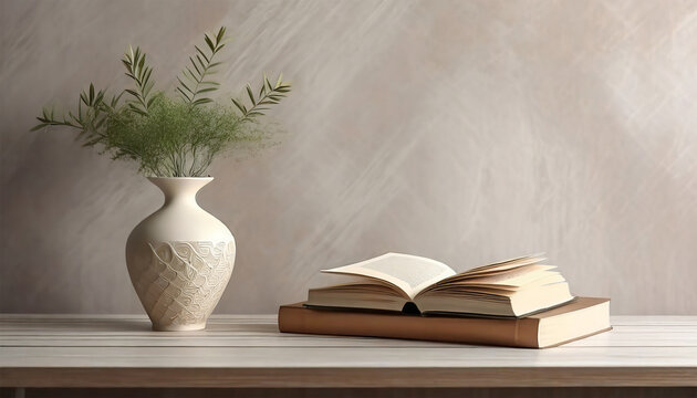 Vase, Book, and Pot on a Shelf: A Study in Textures and Forms