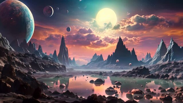 Fantasy alien planet. Mountain and lake. 3D illustration, Fantasy alien planet depicted through digital painting, 3D illustration, AI Generated